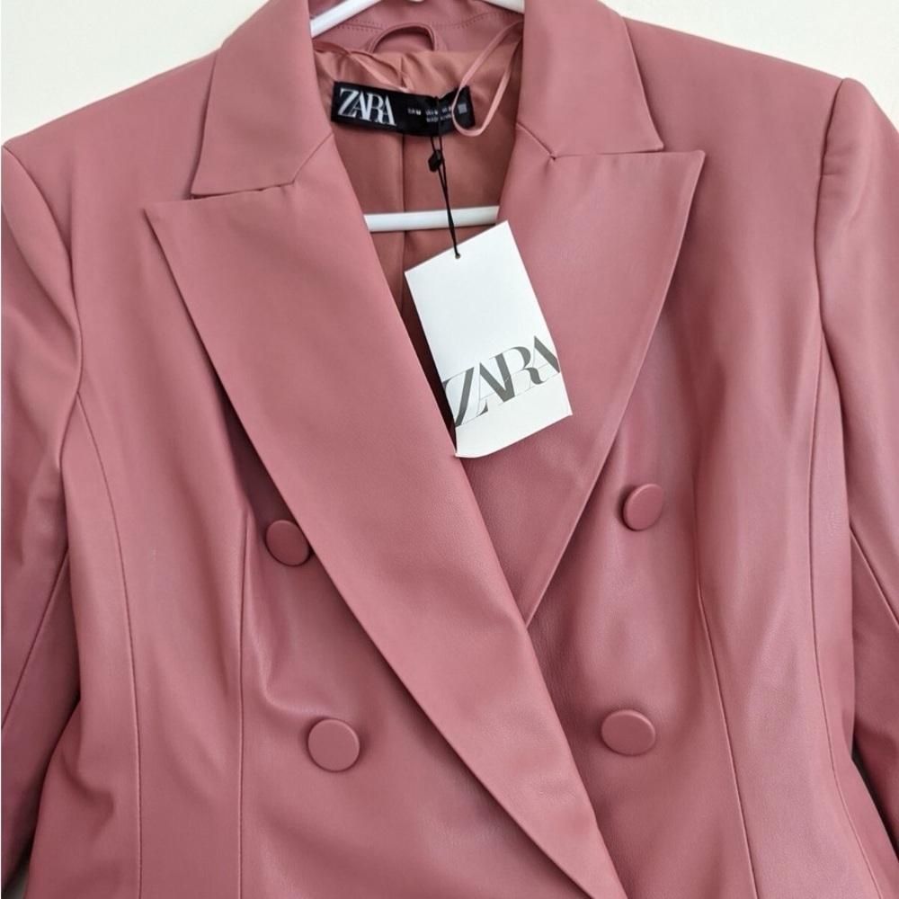 ZARA NEW WOMAN FAUX LEATHER DOUBLE-BREASTED BLAZER JACKET PINK MARSALA - SMALL